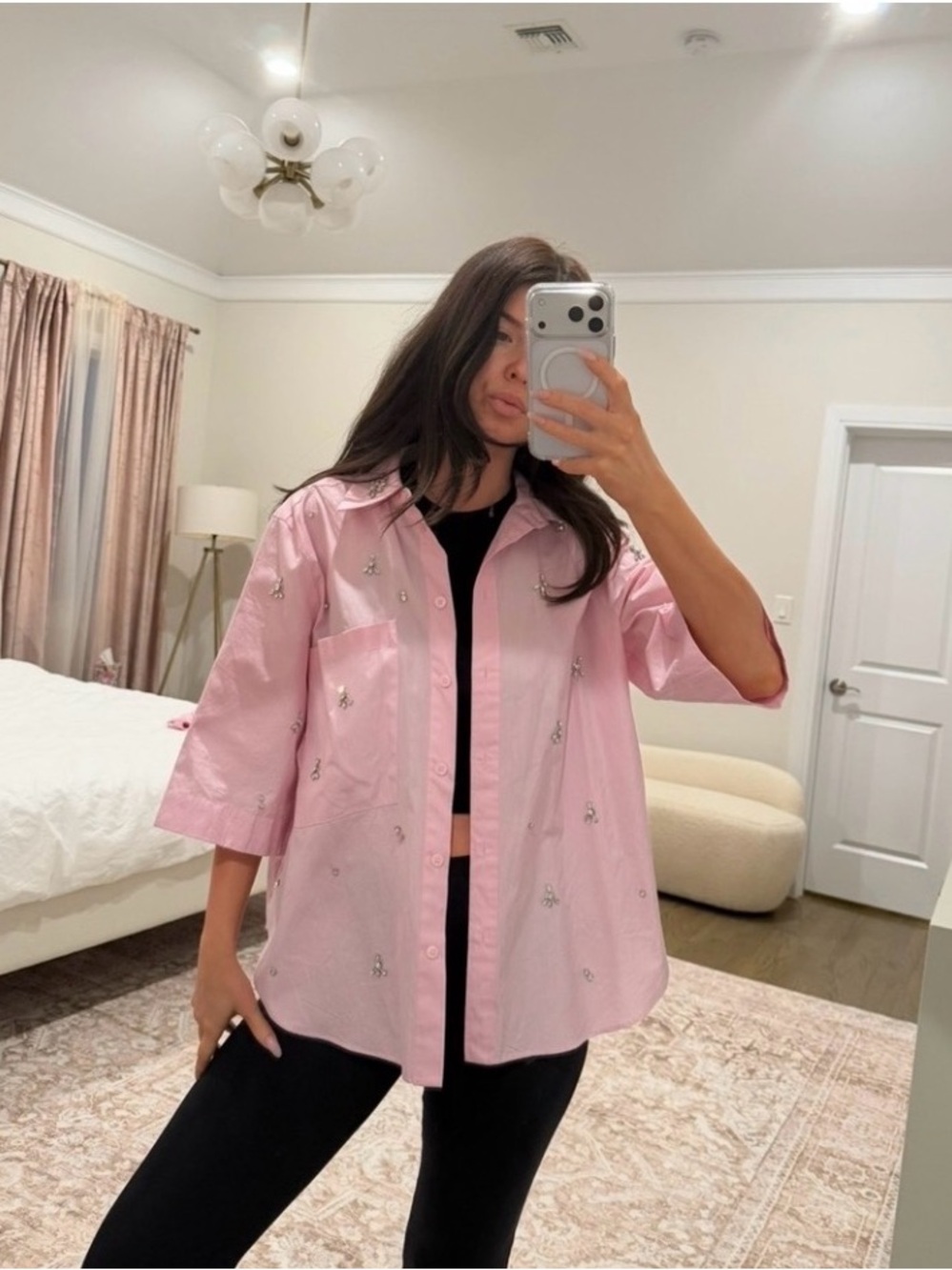Zara Pink Cotton Button-Up Blouse | Rhinestones | 3/4 Sleeves | S | NWT - Picture 11 of 13